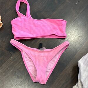 Pink Ribbed One-Shoulder Bikini Set